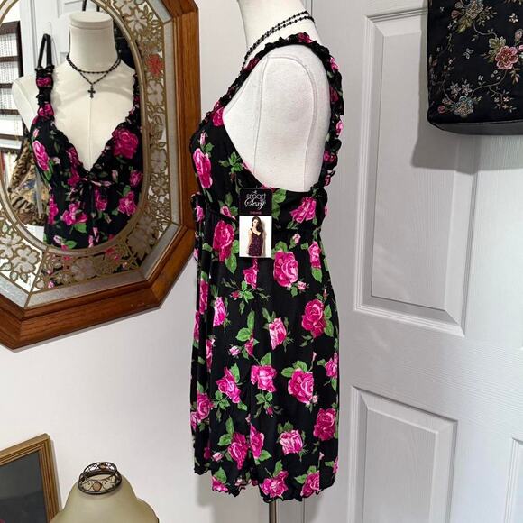 NWT Smart & Sexy Black & Pink Floral Pattern Ruffle Strap Lingerie Chemise Slip - Picture 3 of 7
